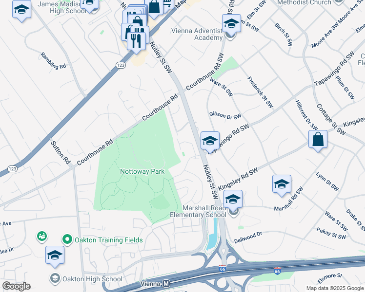 map of restaurants, bars, coffee shops, grocery stores, and more near 721 Hunter Court Southwest in Vienna