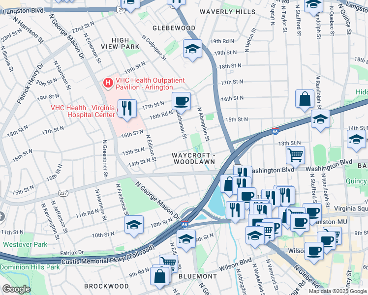 map of restaurants, bars, coffee shops, grocery stores, and more near 1400 North Buchanan Street in Arlington