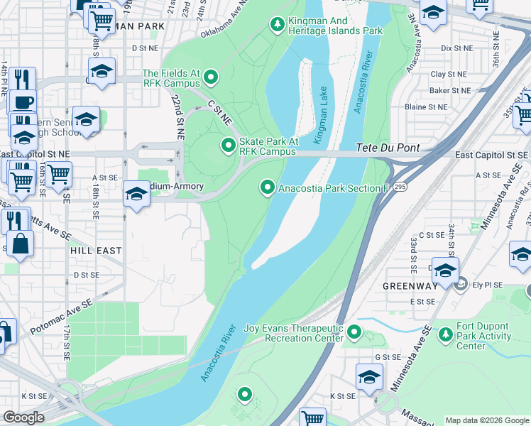 map of restaurants, bars, coffee shops, grocery stores, and more near Anacostia Riverwalk Trail in Washington