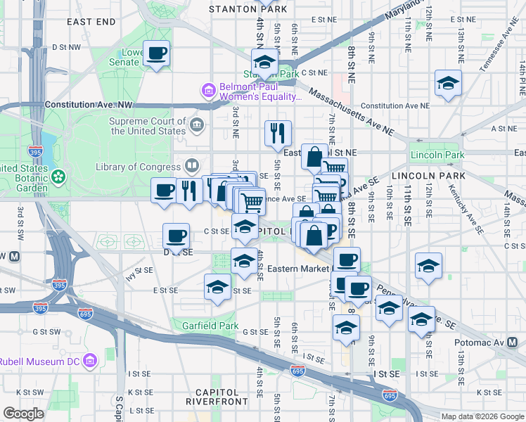 map of restaurants, bars, coffee shops, grocery stores, and more near 101 Independence Avenue Southeast in Washington