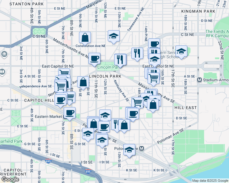 map of restaurants, bars, coffee shops, grocery stores, and more near 1234 Walter Street Southeast in Washington