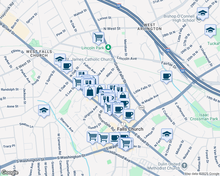 map of restaurants, bars, coffee shops, grocery stores, and more near 206 North Virginia Avenue in Falls Church