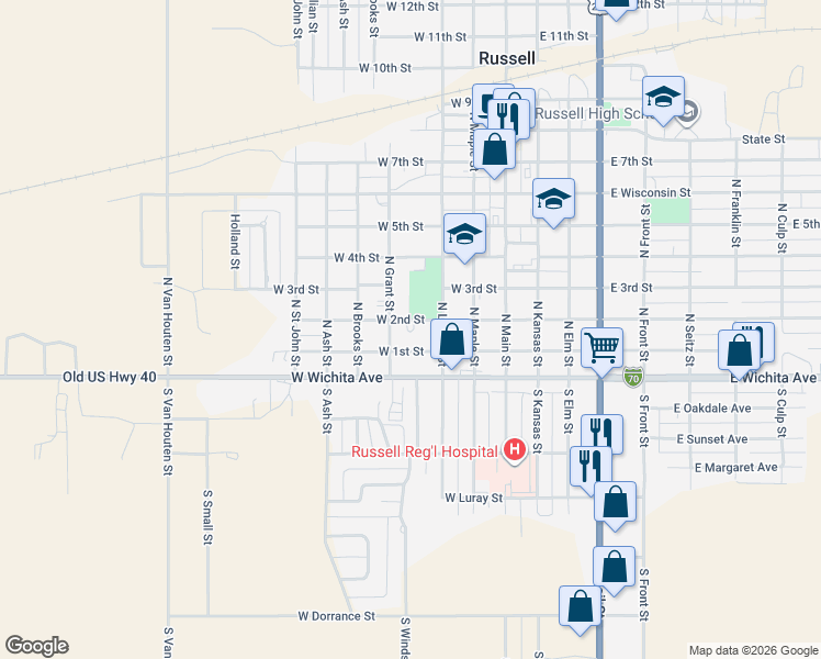 map of restaurants, bars, coffee shops, grocery stores, and more near 301-499 West 2nd Street in Russell