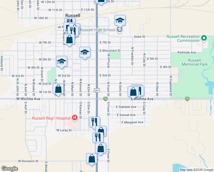 map of restaurants, bars, coffee shops, grocery stores, and more near 200-298 N Front St in Russell