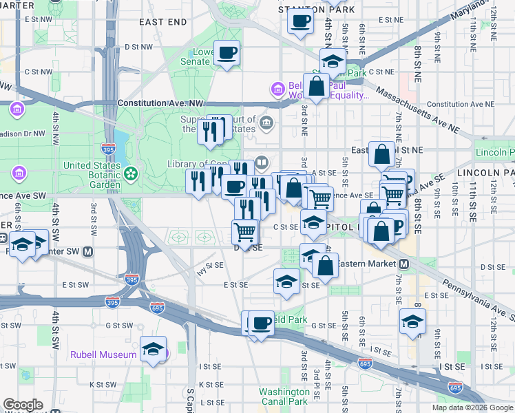 map of restaurants, bars, coffee shops, grocery stores, and more near in Washington