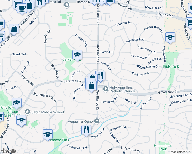map of restaurants, bars, coffee shops, grocery stores, and more near 3848 Oro Blanco Drive in Colorado Springs