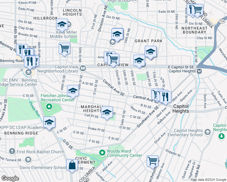 map of restaurants, bars, coffee shops, grocery stores, and more near 5305 Central Avenue Southeast in Washington