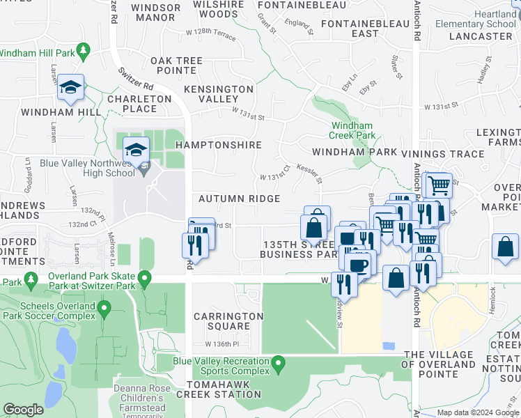 map of restaurants, bars, coffee shops, grocery stores, and more near 13223 Carter Street in Overland Park