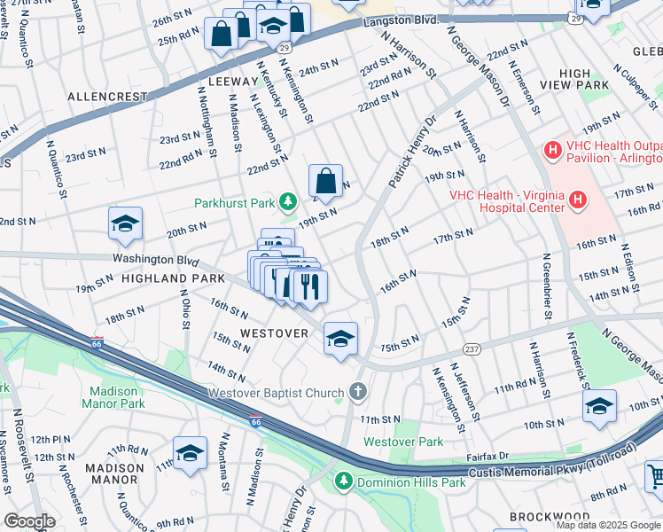 map of restaurants, bars, coffee shops, grocery stores, and more near 1644 North Lexington Street in Arlington