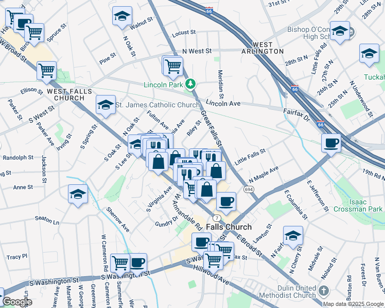 map of restaurants, bars, coffee shops, grocery stores, and more near 206 North Virginia Avenue in Falls Church