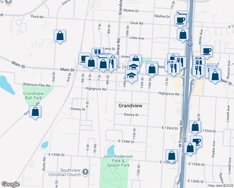 map of restaurants, bars, coffee shops, grocery stores, and more near 13019 Grandview Road in Grandview