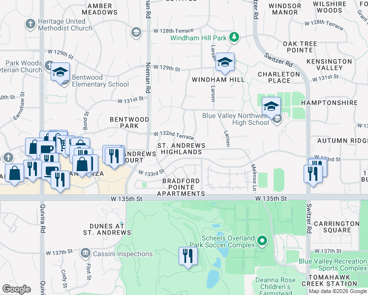 map of restaurants, bars, coffee shops, grocery stores, and more near 10723 West 132nd Terrace in Overland Park