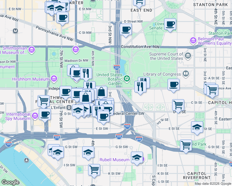 map of restaurants, bars, coffee shops, grocery stores, and more near 200 Independence Avenue Southwest in Washington