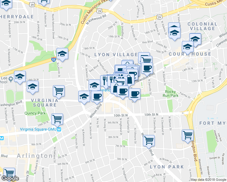map of restaurants, bars, coffee shops, grocery stores, and more near 3133 Wilson Boulevard in Arlington