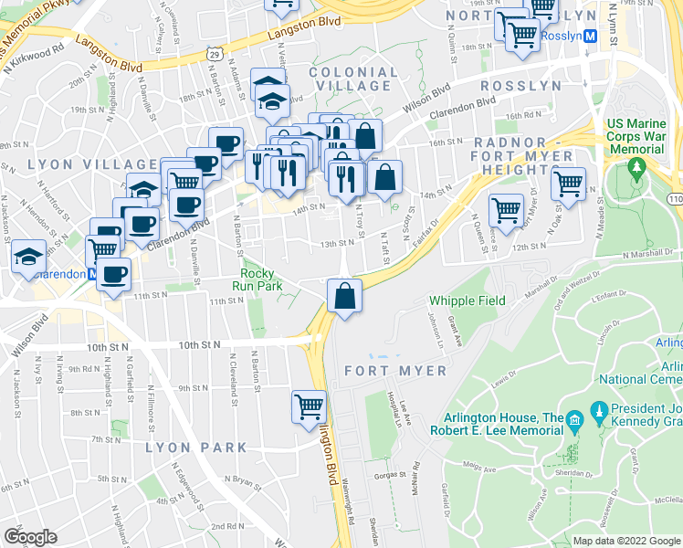 map of restaurants, bars, coffee shops, grocery stores, and more near North Courthouse Road & 12th Court North in Arlington