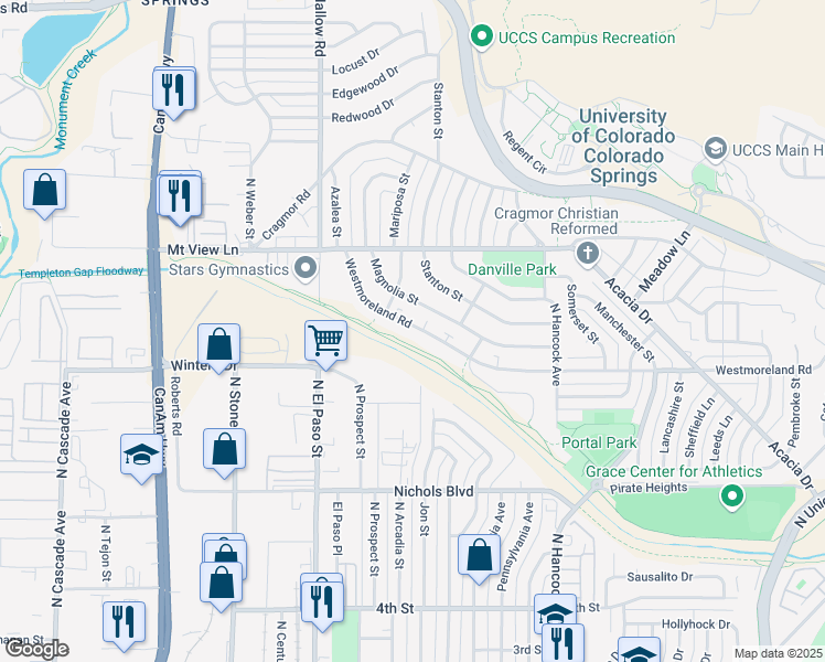 map of restaurants, bars, coffee shops, grocery stores, and more near 1001 Westmoreland Road in Colorado Springs