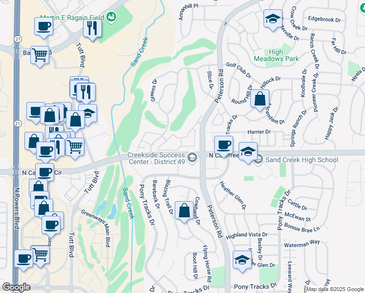 map of restaurants, bars, coffee shops, grocery stores, and more near 3895 Riviera Grove in Colorado Springs