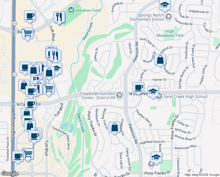 map of restaurants, bars, coffee shops, grocery stores, and more near 3895 Riviera Grove in Colorado Springs