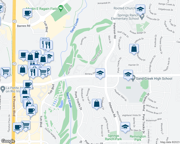 map of restaurants, bars, coffee shops, grocery stores, and more near 3895 Riviera Grove in Colorado Springs