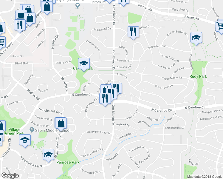 map of restaurants, bars, coffee shops, grocery stores, and more near 3860 Oro Blanco Drive in Colorado Springs