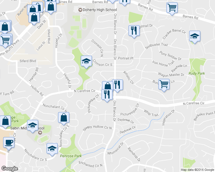 map of restaurants, bars, coffee shops, grocery stores, and more near 3848 Oro Blanco Drive in Colorado Springs