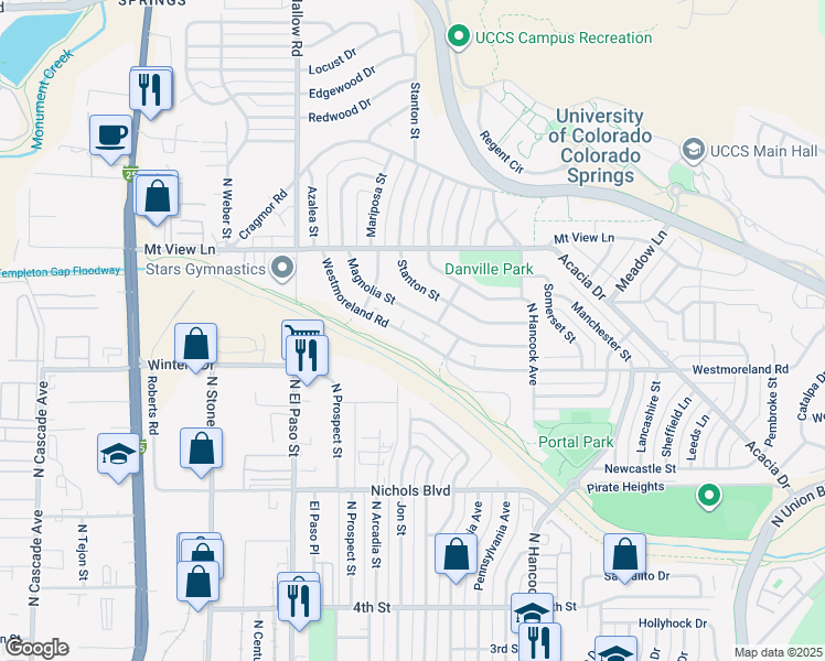 map of restaurants, bars, coffee shops, grocery stores, and more near 1045 Magnolia Street in Colorado Springs