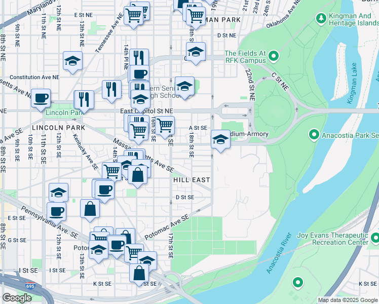map of restaurants, bars, coffee shops, grocery stores, and more near 101 Independence Avenue Southeast in Washington