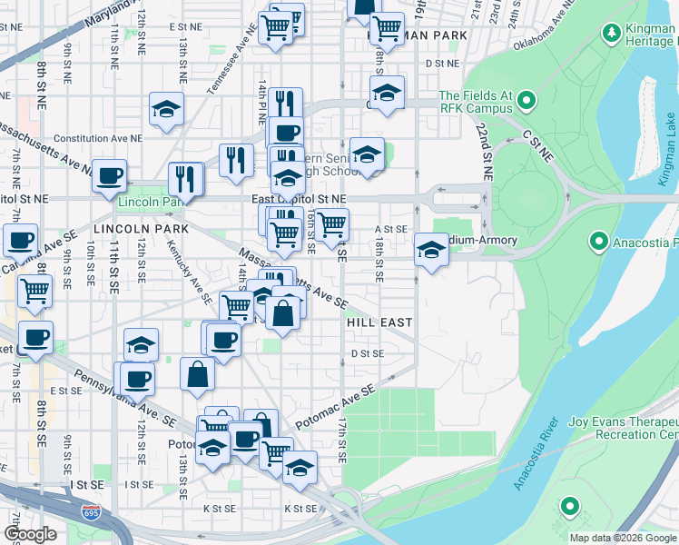 map of restaurants, bars, coffee shops, grocery stores, and more near 101 Independence Avenue Southeast in Washington