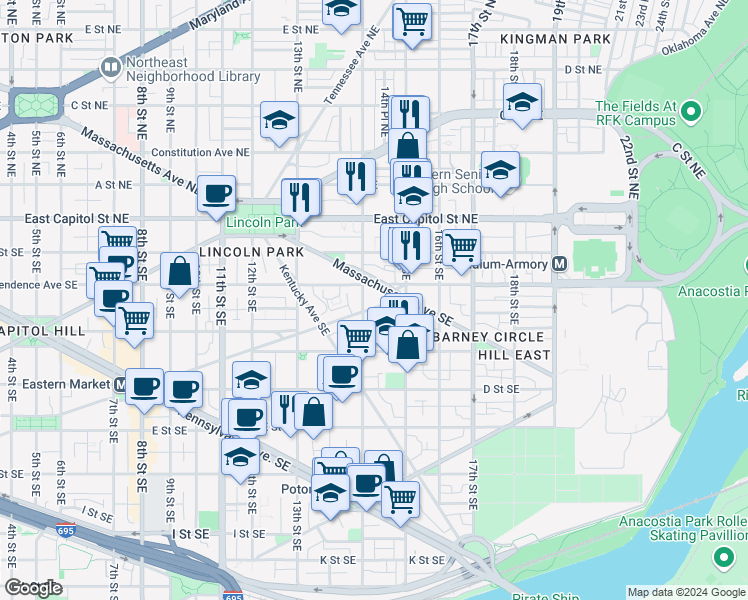 map of restaurants, bars, coffee shops, grocery stores, and more near 101 Independence Avenue Southeast in Washington