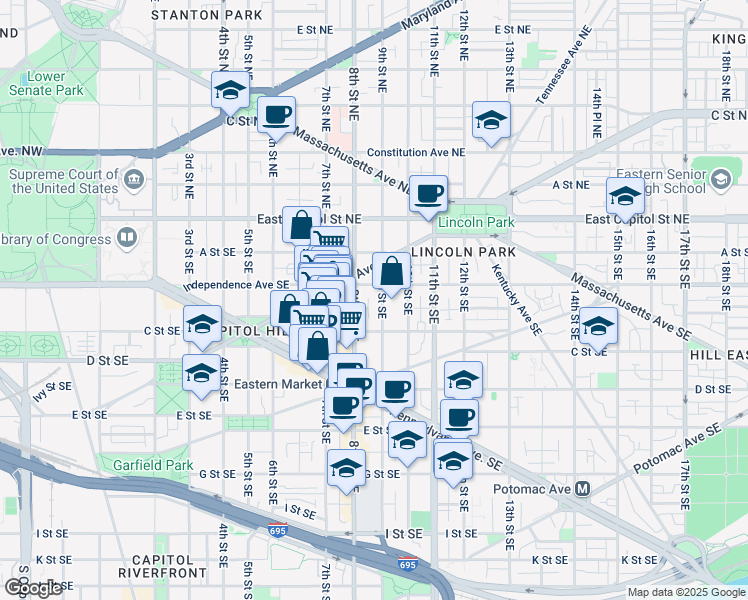 map of restaurants, bars, coffee shops, grocery stores, and more near 101 Independence Avenue Southeast in Washington