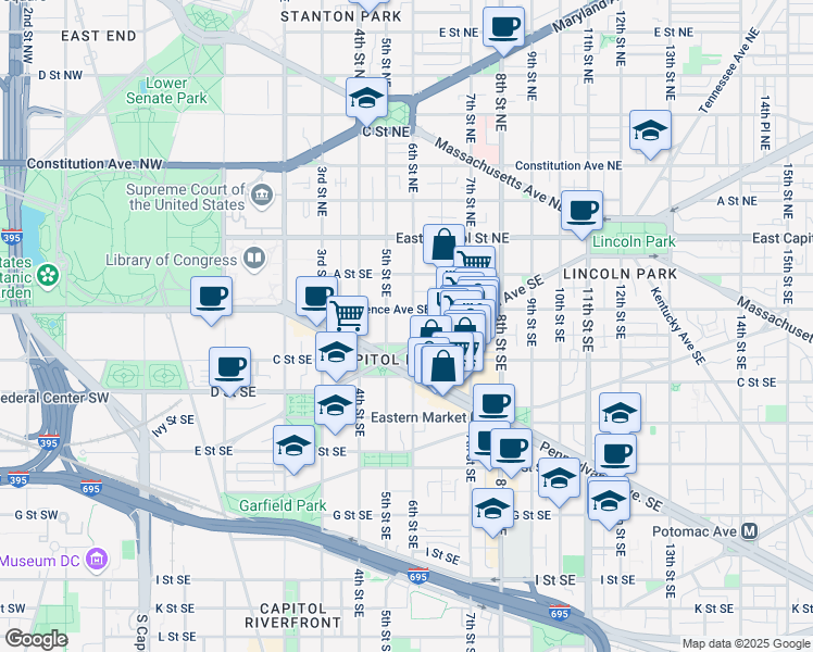 map of restaurants, bars, coffee shops, grocery stores, and more near 101 Independence Avenue Southeast in Washington