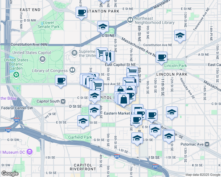 map of restaurants, bars, coffee shops, grocery stores, and more near 101 Independence Avenue Southeast in Washington