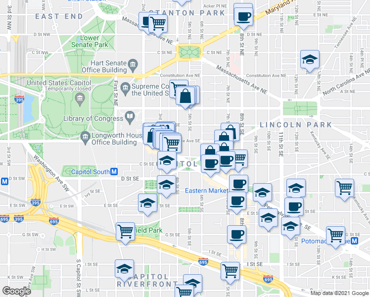 map of restaurants, bars, coffee shops, grocery stores, and more near 101 Independence Avenue Southeast in Washington