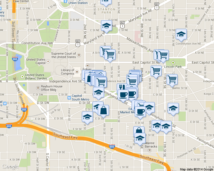 map of restaurants, bars, coffee shops, grocery stores, and more near 101 Independence Avenue Southeast in Washington