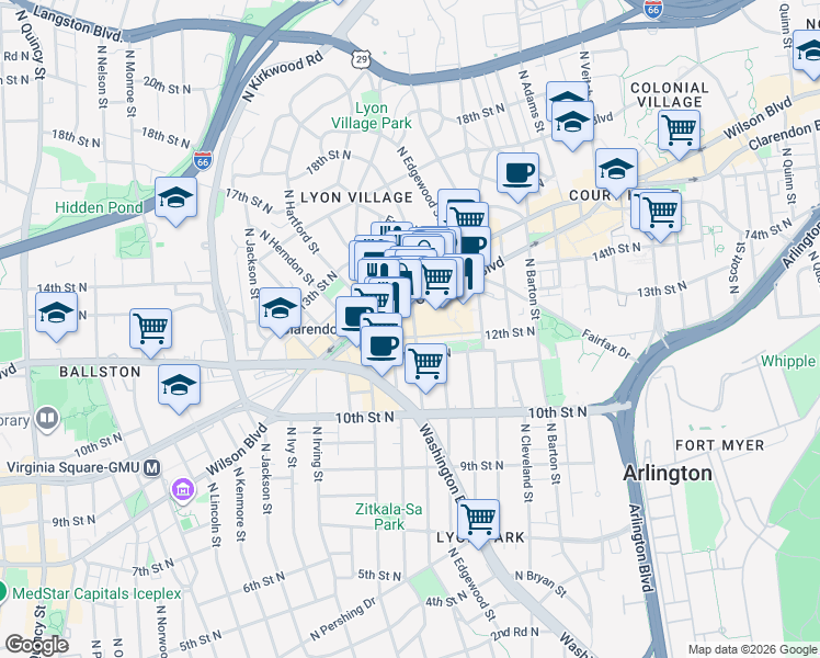 map of restaurants, bars, coffee shops, grocery stores, and more near in Arlington