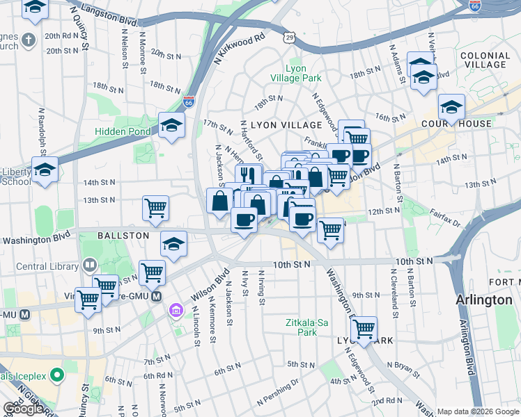 map of restaurants, bars, coffee shops, grocery stores, and more near 1122 North Hudson Street in Arlington