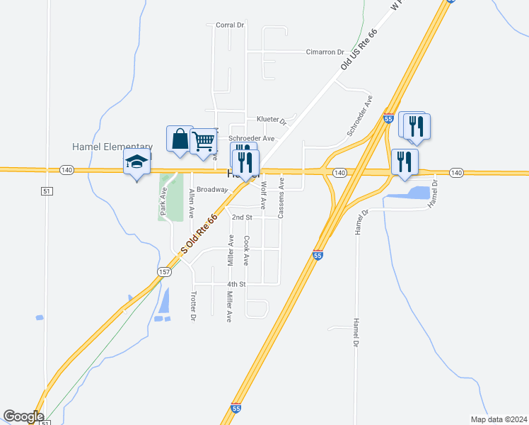 map of restaurants, bars, coffee shops, grocery stores, and more near 118 Wolf Avenue in Hamel