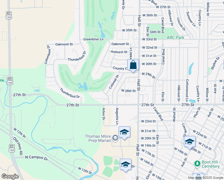 map of restaurants, bars, coffee shops, grocery stores, and more near 2733 Colonial Street in Hays