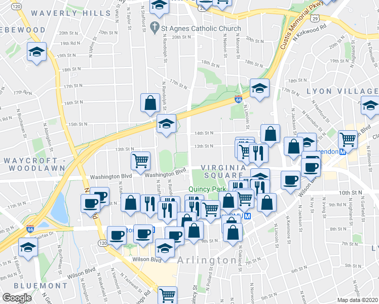 map of restaurants, bars, coffee shops, grocery stores, and more near 1200 North Quincy Street in Arlington