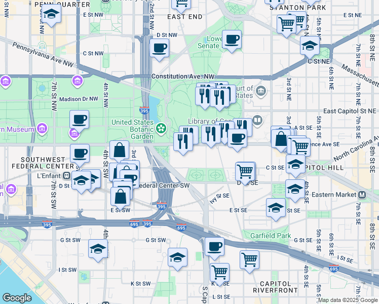 map of restaurants, bars, coffee shops, grocery stores, and more near 45 Independence Avenue Southwest in Washington