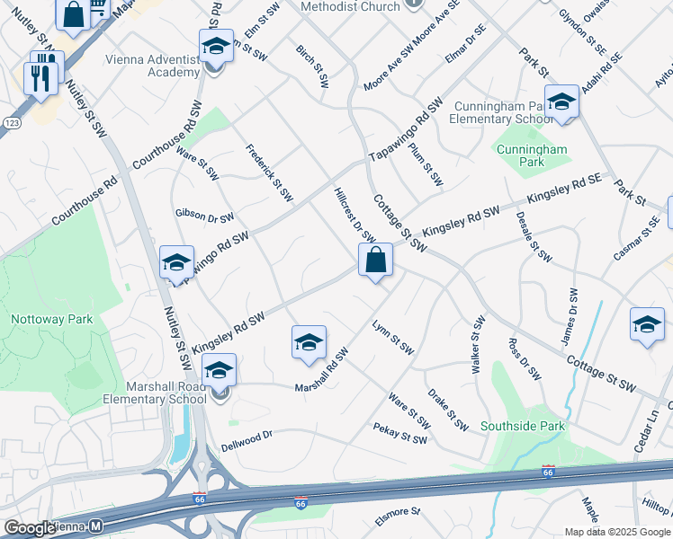 map of restaurants, bars, coffee shops, grocery stores, and more near 503 Kingsley Road Southwest in Vienna
