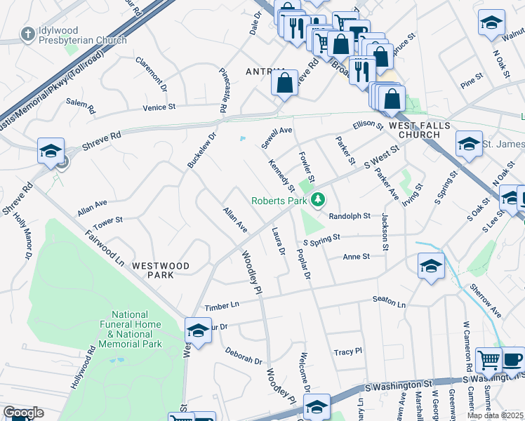 map of restaurants, bars, coffee shops, grocery stores, and more near 7214 Tod Street in Falls Church