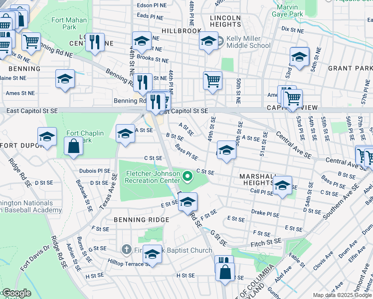 map of restaurants, bars, coffee shops, grocery stores, and more near 4706 Bass Place Southeast in Washington
