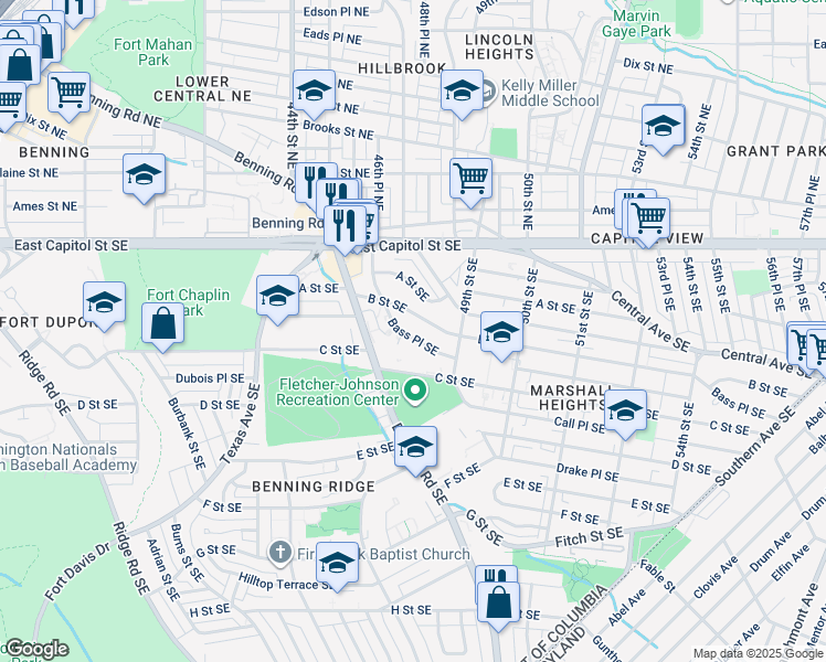 map of restaurants, bars, coffee shops, grocery stores, and more near 4706 Bass Place Southeast in Washington
