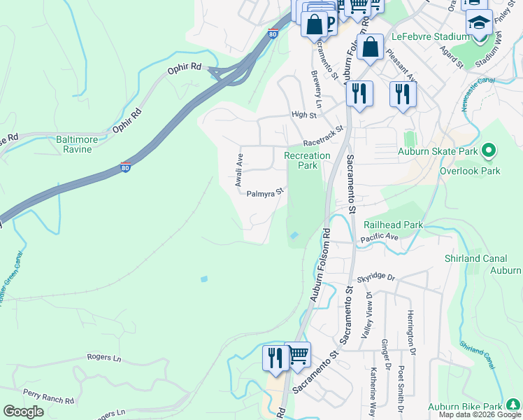 map of restaurants, bars, coffee shops, grocery stores, and more near 135 Palmyra Street in Auburn