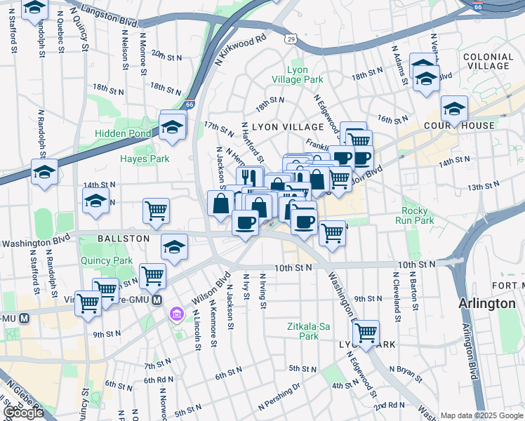 map of restaurants, bars, coffee shops, grocery stores, and more near 1122 North Hudson Street in Arlington