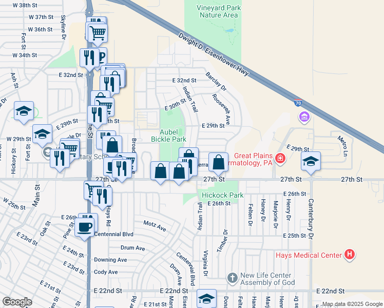 map of restaurants, bars, coffee shops, grocery stores, and more near 2805 Indian Trail in Hays