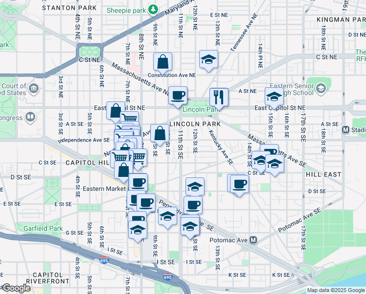 map of restaurants, bars, coffee shops, grocery stores, and more near 214 11th Street Southeast in Washington