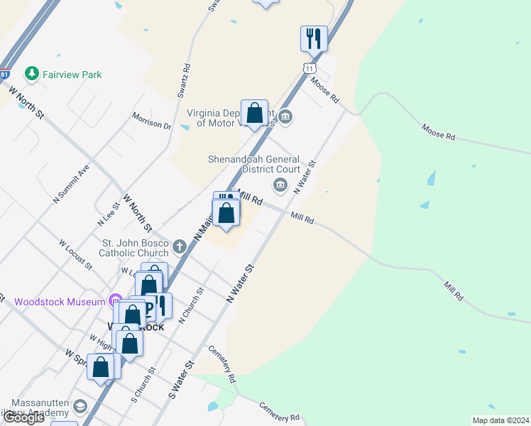 map of restaurants, bars, coffee shops, grocery stores, and more near 218 Mill Road in Woodstock