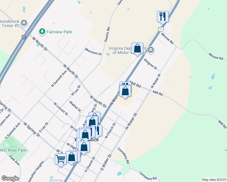 map of restaurants, bars, coffee shops, grocery stores, and more near 467 North Main Street in Woodstock